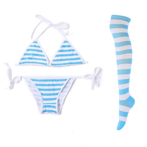 Buy Sexy Lingerie Set For Women With Striped Thigh High Socks Japanese Anime Bikini Online At