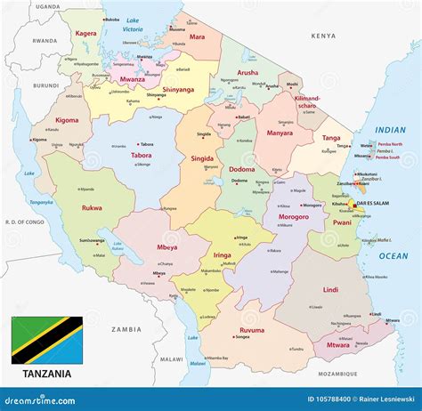 Tanzania Administrative And Political Map With Flag Stock Vector