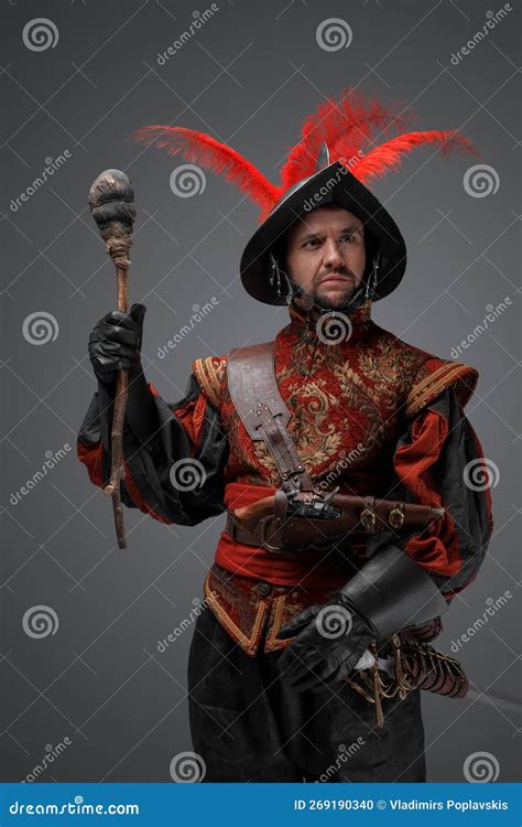 Medieval Conquistador Dressed In Stylish Clothes Holding Torch Stock