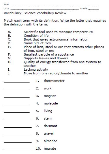 Investigate the planet earth with these assessments on its structure, processes, and resources. Science Vocabulary Review: Science Worksheet Sample