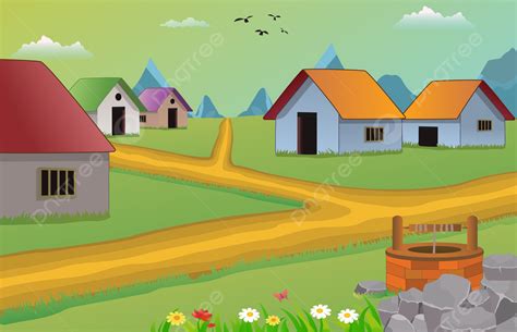 Cartoon Background Village Scene Vector Illustration With Old Houses