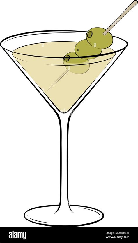 Classic Dry Martini Cocktail With Green Olives Garnish Classic Alcoholic Beverage Vector