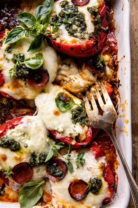 Spicy Pesto Cheese Stuffed Roasted Red Peppers Half Baked Harvest