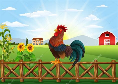 Cute Cartoon Rooster Crowing In The Farm Fence Stock Vector Image By