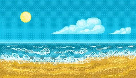 Pixel Art Seascape With The Shore Of The Ocean