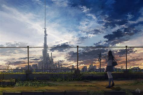 Wallpaper City Anime Girls Sunset Skyscraper Sky Clouds