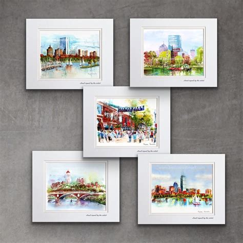 Pack Of 5 Bestsellers Boston Cityscape Matted Prints Boston Etsy