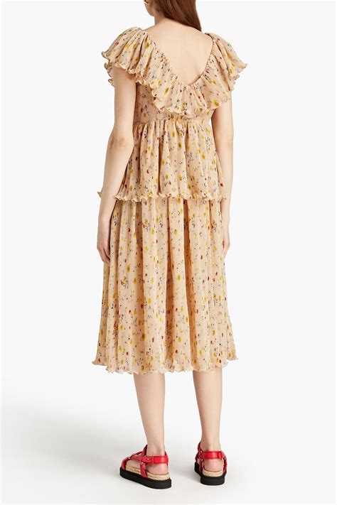 Ganni Tiered Pleated Floral Print Georgette Midi Dress The Outnet