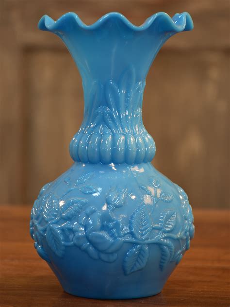 Antique French Blue Opaline Vase Sky Blue Milk Glass Chez Pluie