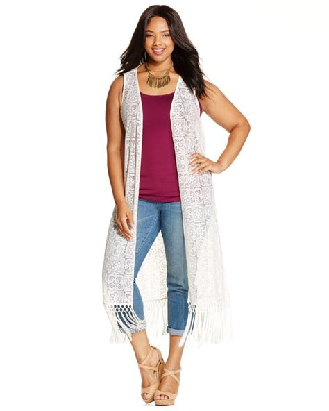 Jessica Simpson Plus Size Sleeveless Fringed Duster Cardigan In Natural