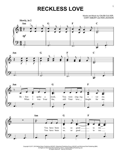 Reckless Love Easy Piano Print Sheet Music Now