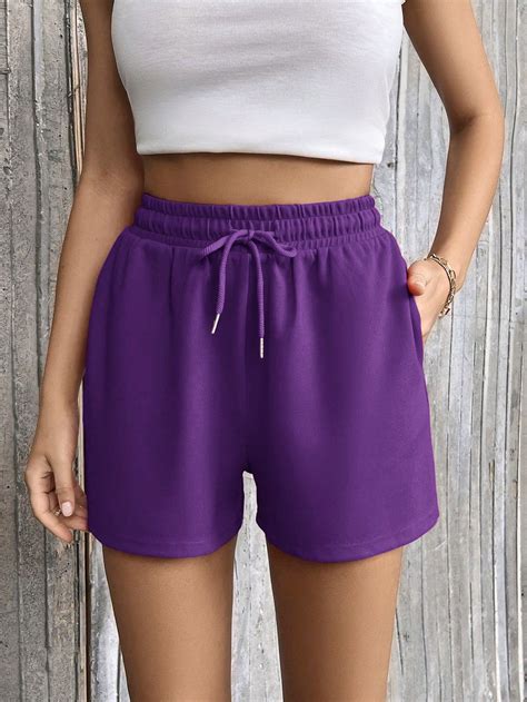 Purple Casual Collar Woven Fabric Plain Track Shorts Embellished Medium