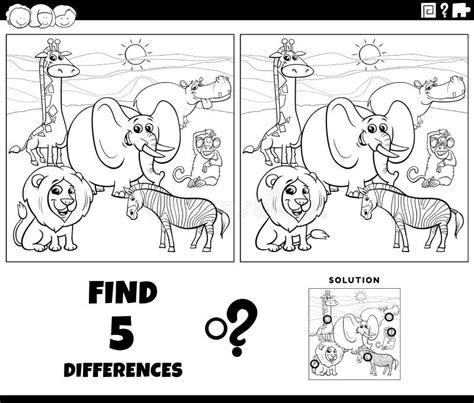 Differences Game With Cartoon Wild Animals Coloring Page Stock