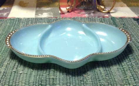 Vintage Fire King Blue Milk Glass With Gold Trim 3 Section Relish Dish