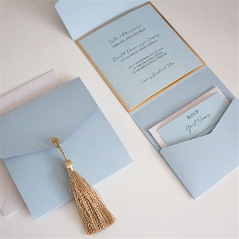 Dusky Blue And Gold Detailed Pocket Fold Wedding Invitation With Rsvp
