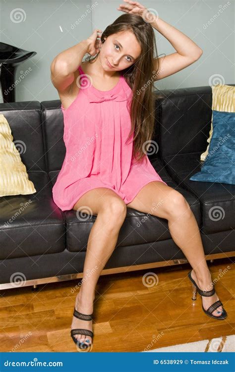 Woman In Pink Lingerie On Sofa Stock Image Image Of Cute Flirtatious