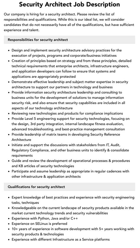 Security Architect Job Description Velvet Jobs
