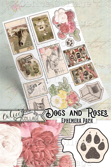 Dogs And Roses Junk Journal Ephemera Pack Collage Sheet Etsy