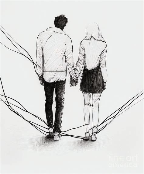 Romantic Couple Holding Hand Line Art Happy Lovers Pencil Drawing