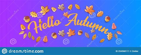 Vector Hello Autumn Horizontal Banner Or Label With Text And Falling