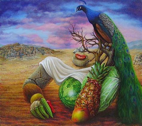 A Painting Of A Peacock Sitting On Top Of A Pile Of Fruit And Veggies