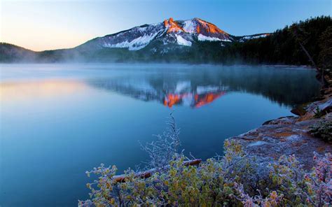 Nature Landscape Mist Lake Mountain Sunset Trees Water Calm Reflection