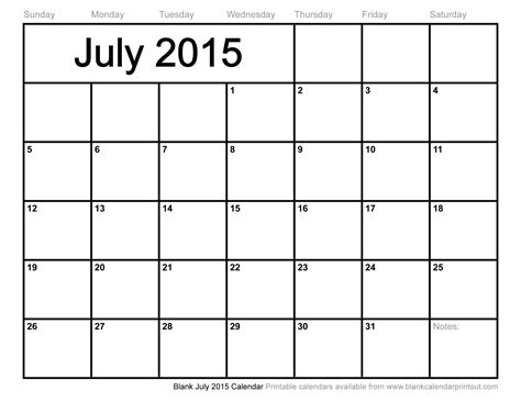 Blank July 2015 Calendar To Print