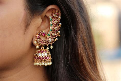 Peacock Designer Ear Cuff Jhumkas South India Jewels Indian Jewelry