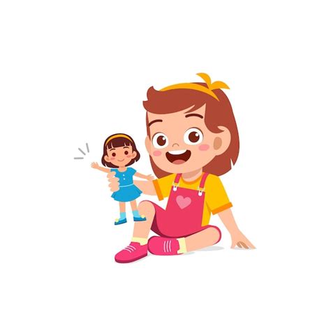 Premium Vector Cute Little Girl Play With Pretty Doll