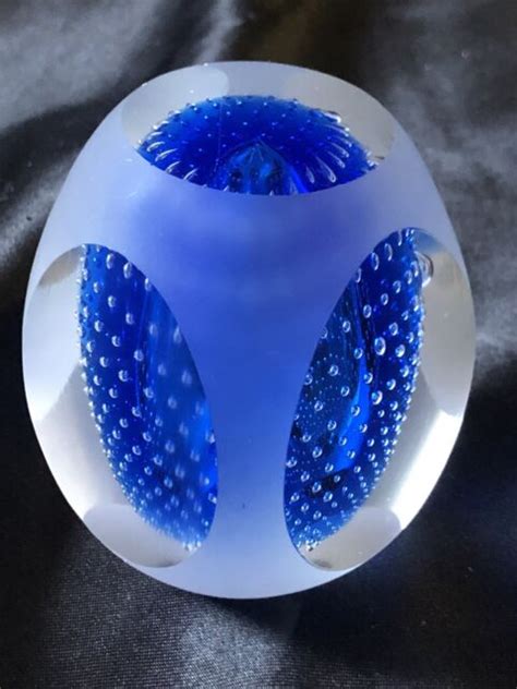 Frosted Glass Paperweight Blue Center W Controlled Bubbles Art Glass