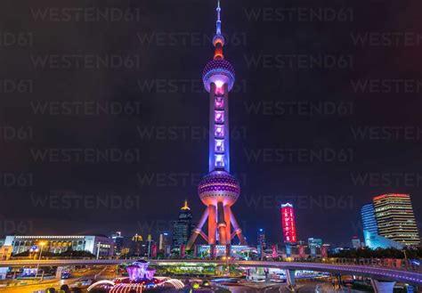 Oriental Pearl Tower At Night Shanghai China Stock Photo