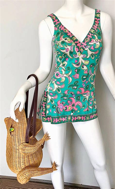 Amazing 1960s Pucci Style One Piece Vintage 60s Romper Green Pink Swimsuit For Sale At 1stdibs
