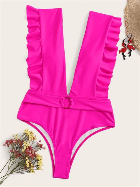 Neon Hot Pink Ruffle O Ring Plunging One Piece Swimwear Shein One Piece Swimsuit Slimming One