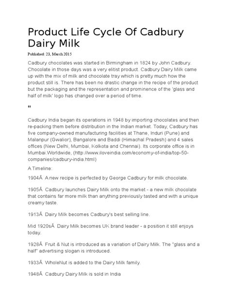 Product Life Cycle Of Cadbury Dairy Milk Summery Dairy Brand