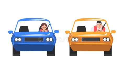 Man And Woman Character Driving Car Sitting On Driver Seat Inside