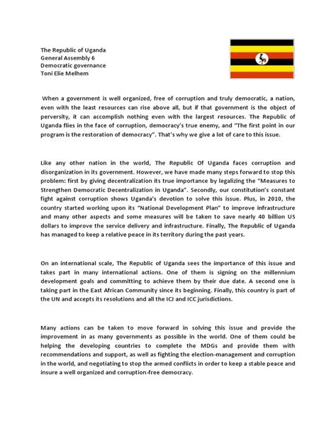 Nmun will not tolerate plagiarism, which includes copying directly from the committee background guides provided to delegates. position paper for mun sample | Uganda | Corruption