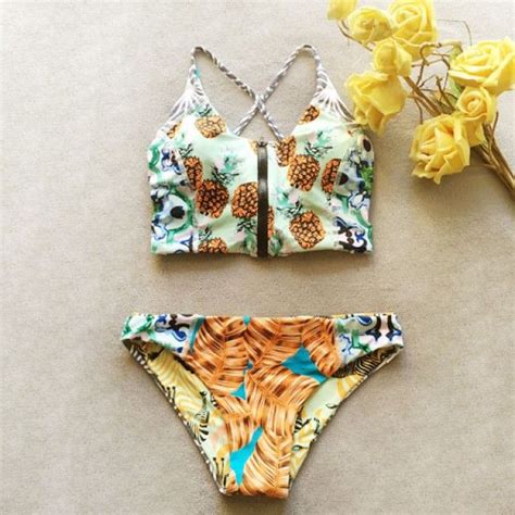 Two Sided Bikini Pineapple Printing Sexy Swimsuit Halter Top Bathing