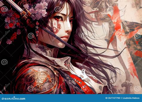 Anime Samurai Girl Portrait Close Up Generative Ai Stock Illustration