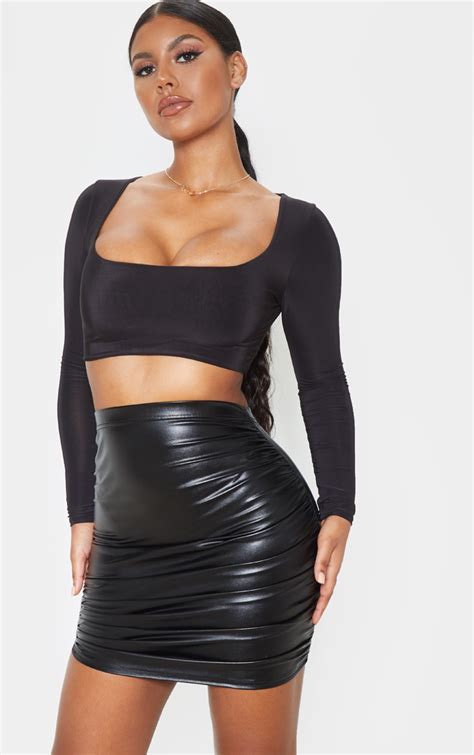 Black Pu Ruched Detail Mini Skirt Skirts Prettylittlething