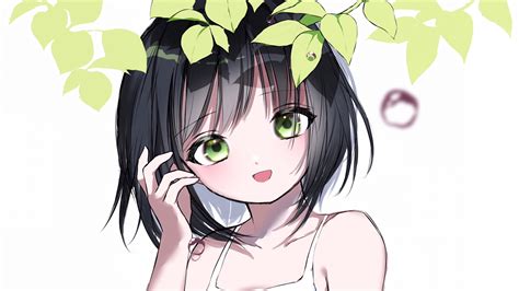 Download Wallpaper 2560x1440 Girl Glance Smile Leaves Anime Art