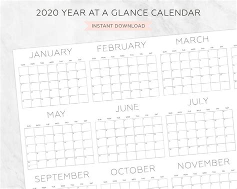2020 Year At A Glance Printable Big Wall Calendar Minimal Etsy