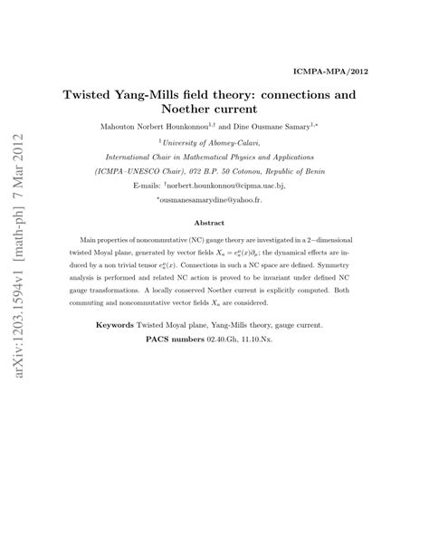 PDF Twisted Yang Mills Field Theory Connections And Noether Current