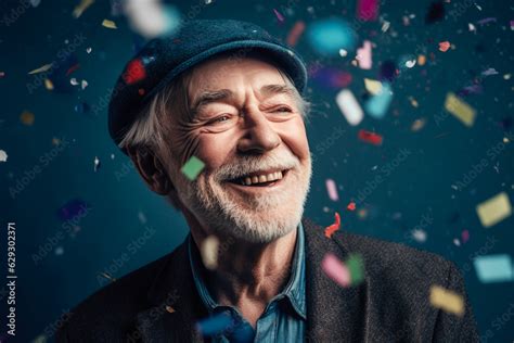 happy laughing senior man grandad grandfather grandpa with glasses and falling confetti on teal