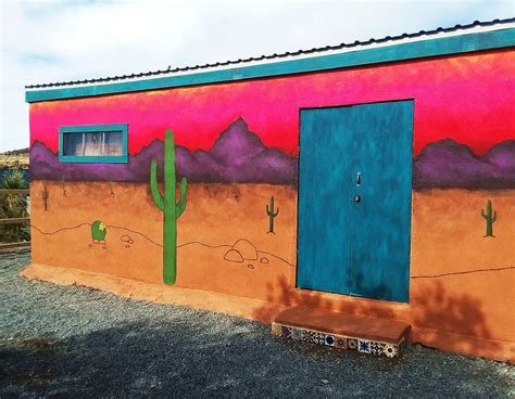 Hand Painted Southwest Desert Scene Mural On Stucco Train Car With