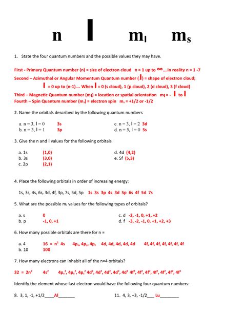 Quantum Numbers Introduction Worksheet Chemistry