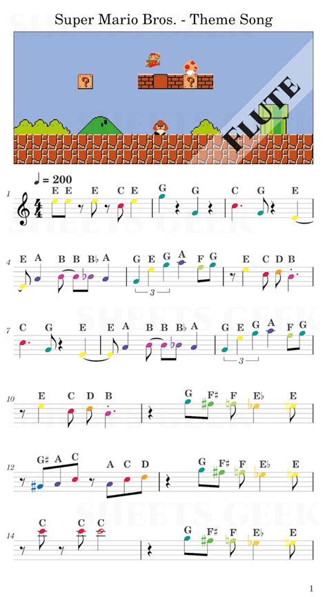 Super Mario Bros Theme Song Flute Piano Sheet Music