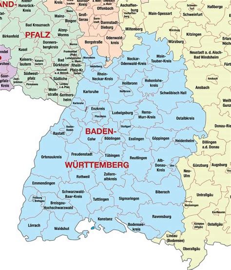 Latitud, longitud y zona horaria de un gran número de ciudades clasificadas por países y provincias o estados. Mapa de Baden-Württemberg - Alemanha Online