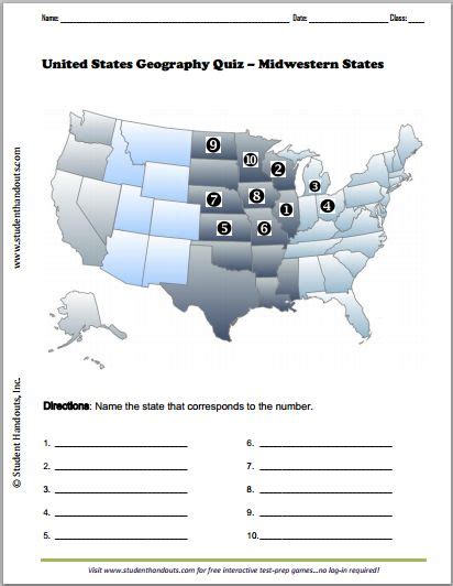 Midwestern States Map Quiz Student Handouts Map Quiz United States