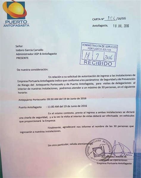 Carta De Autorización Para El Ingreso Al Antepuerto De Portezuelo Y Al