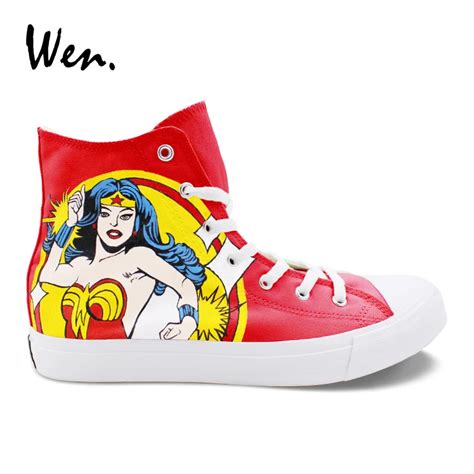 Wen Design Hand Painted Shoes Wonder Woman High Top Red Unisex Canvas